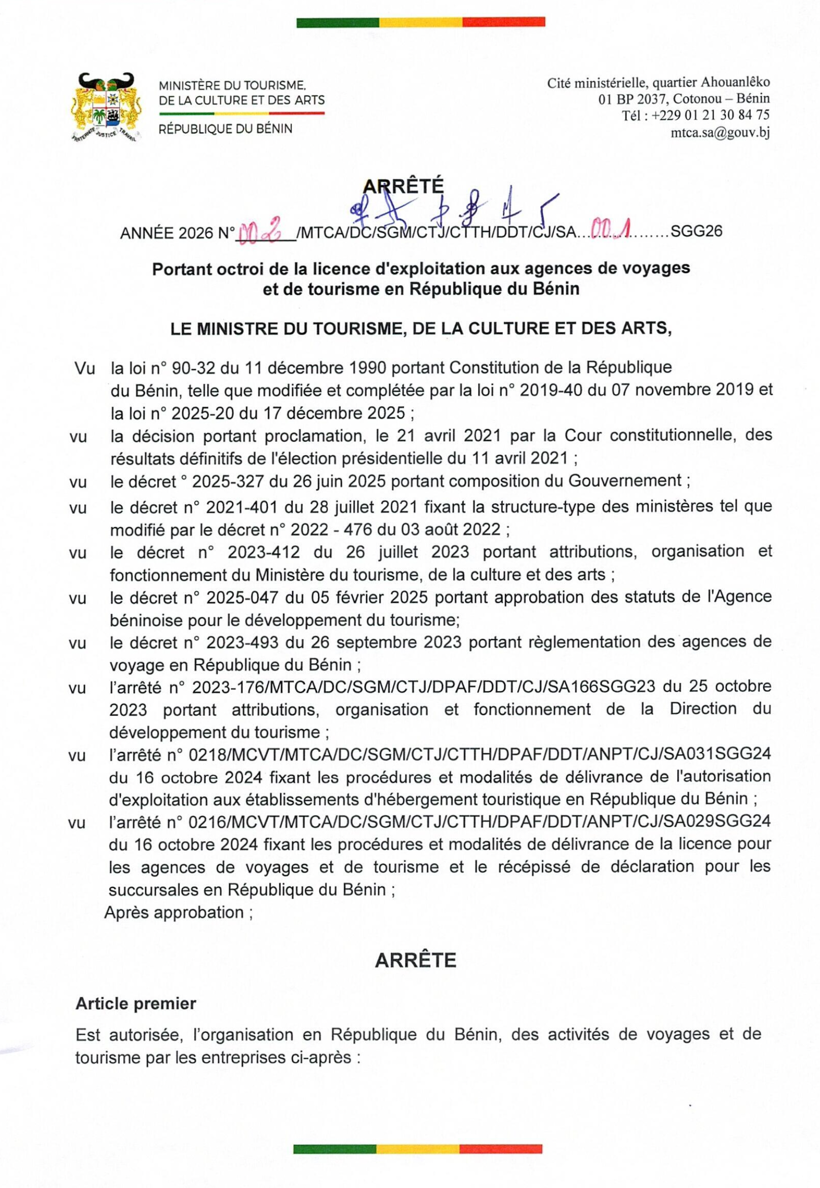 Licence de Tour Opérateur Officiel